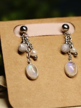 SS Moonstone Drop Earrings with Cultured Fresh Water Pearl Accents